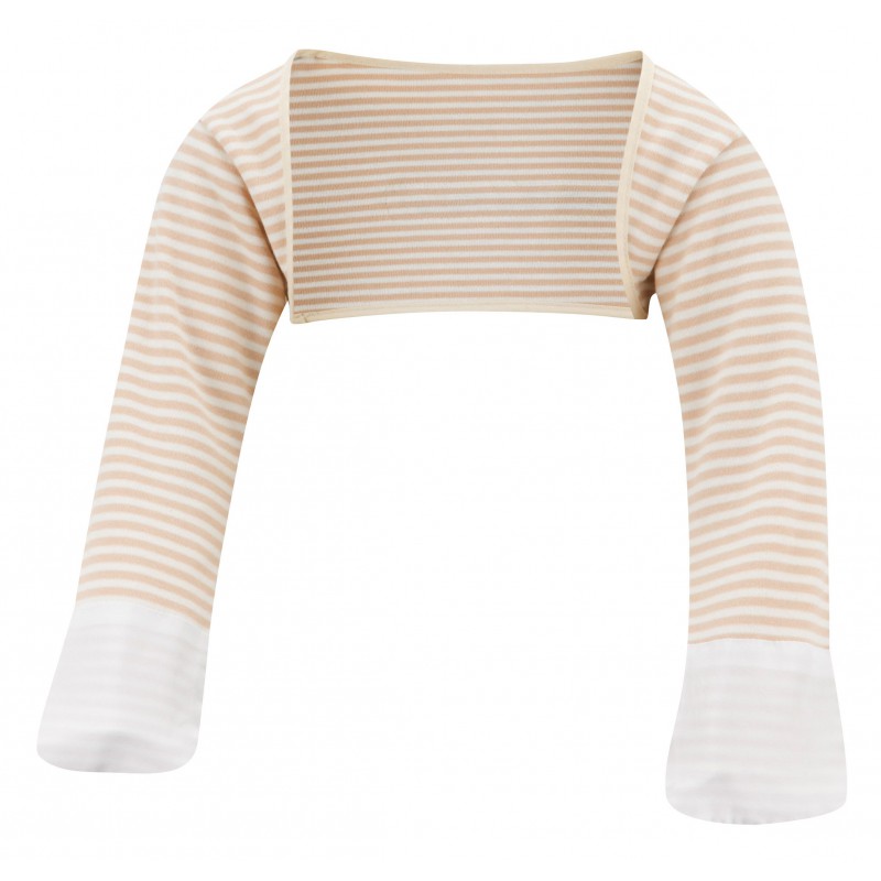 Beige and white Striped Cotton Scratchsleeves with scratch mittens on form, but not a model.