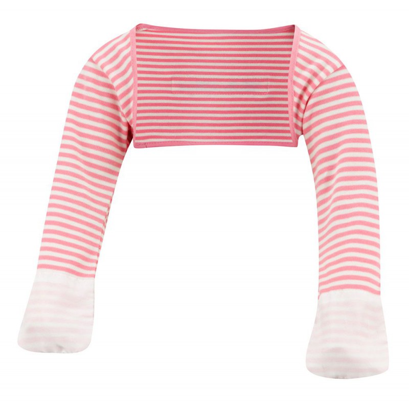 Pink and white Striped Cotton Scratchsleeves with scratch mittens on form, but not a model.