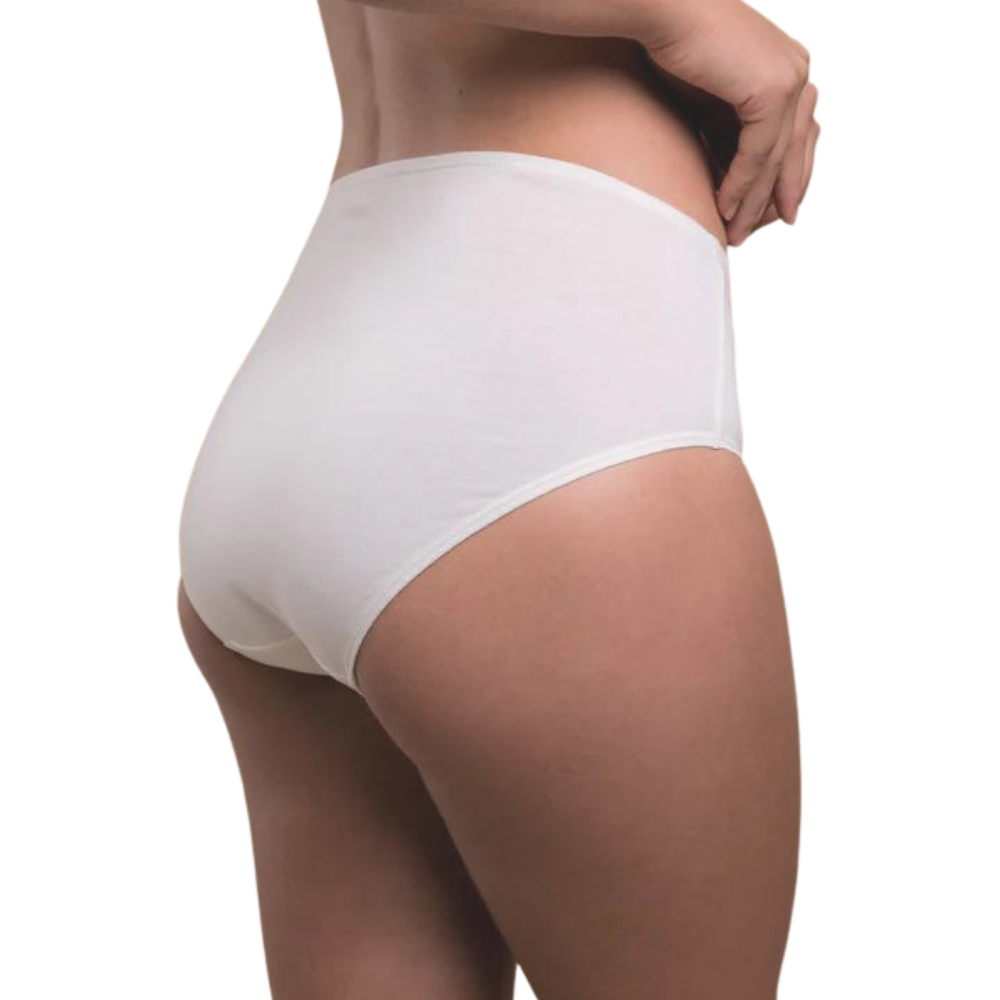 Organic cotton latex free panties in a waist brief style in white on a model from behind.