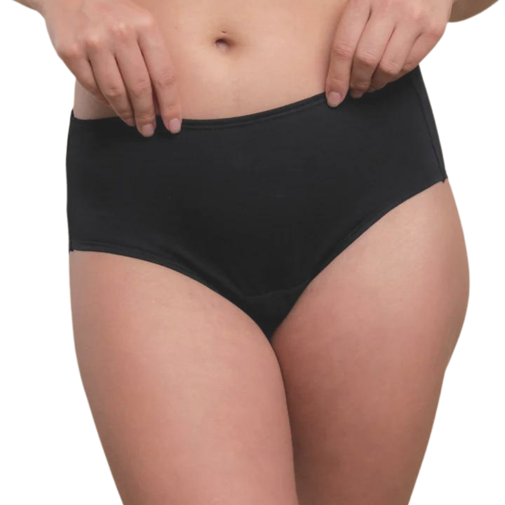 Organic cotton latex free panties in a waist brief style in black on a model.