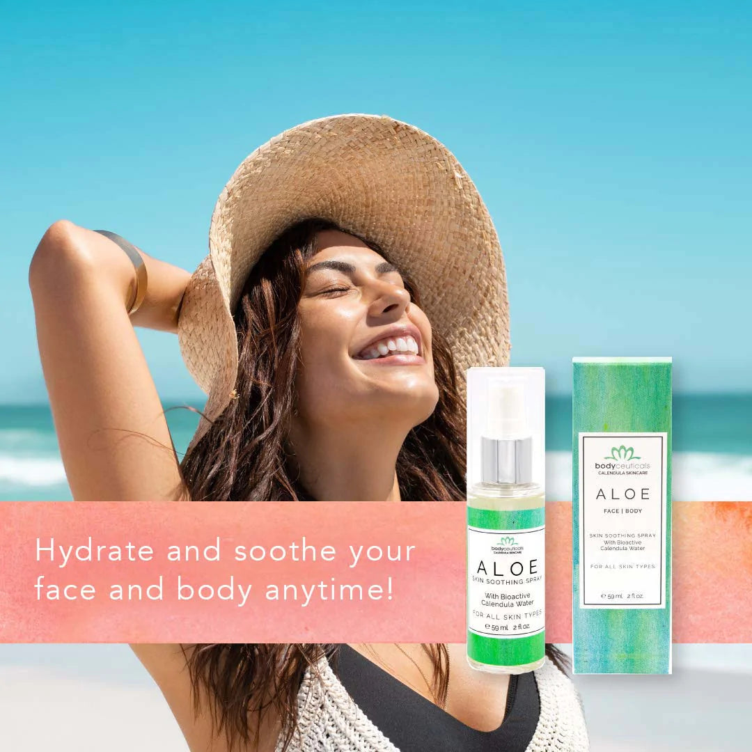 Woman on beach looking up to the sun with the aloe spray in the front. Quote displayed saying "hydrate and soothe your face and body anytime."