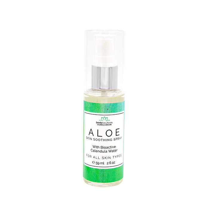 Bottle of organic aloe vera for eczema skin soothing spray with white background.