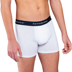 Remedywear boxer brief showing the fit on a model with a white background.