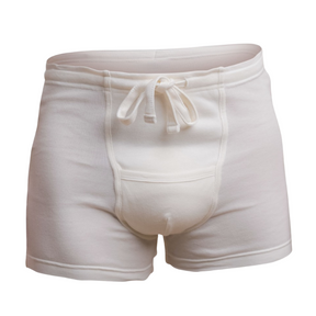 White, elastic free boxer briefs in a form, without a model.