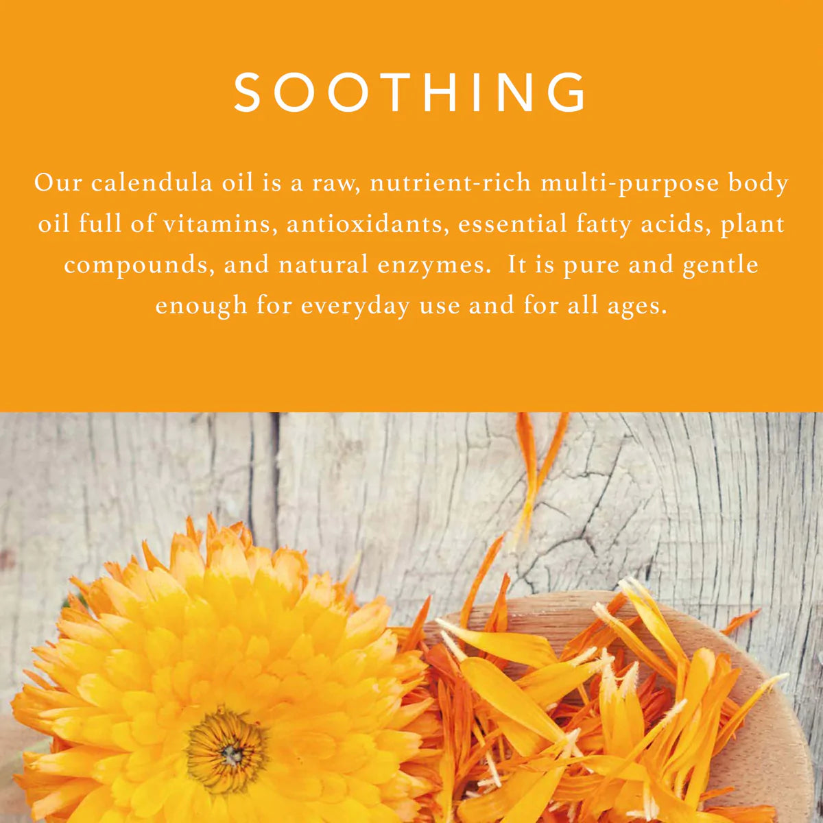 Calendula flowers and copy that says "Soothing" and talks about the vitamins and healing properties of the flower.