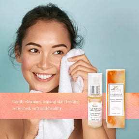 Woman wiping face with white towel next to the face wash with a caption stating "gently cleanses, leaving skin feeling refreshed, soft and healthy."