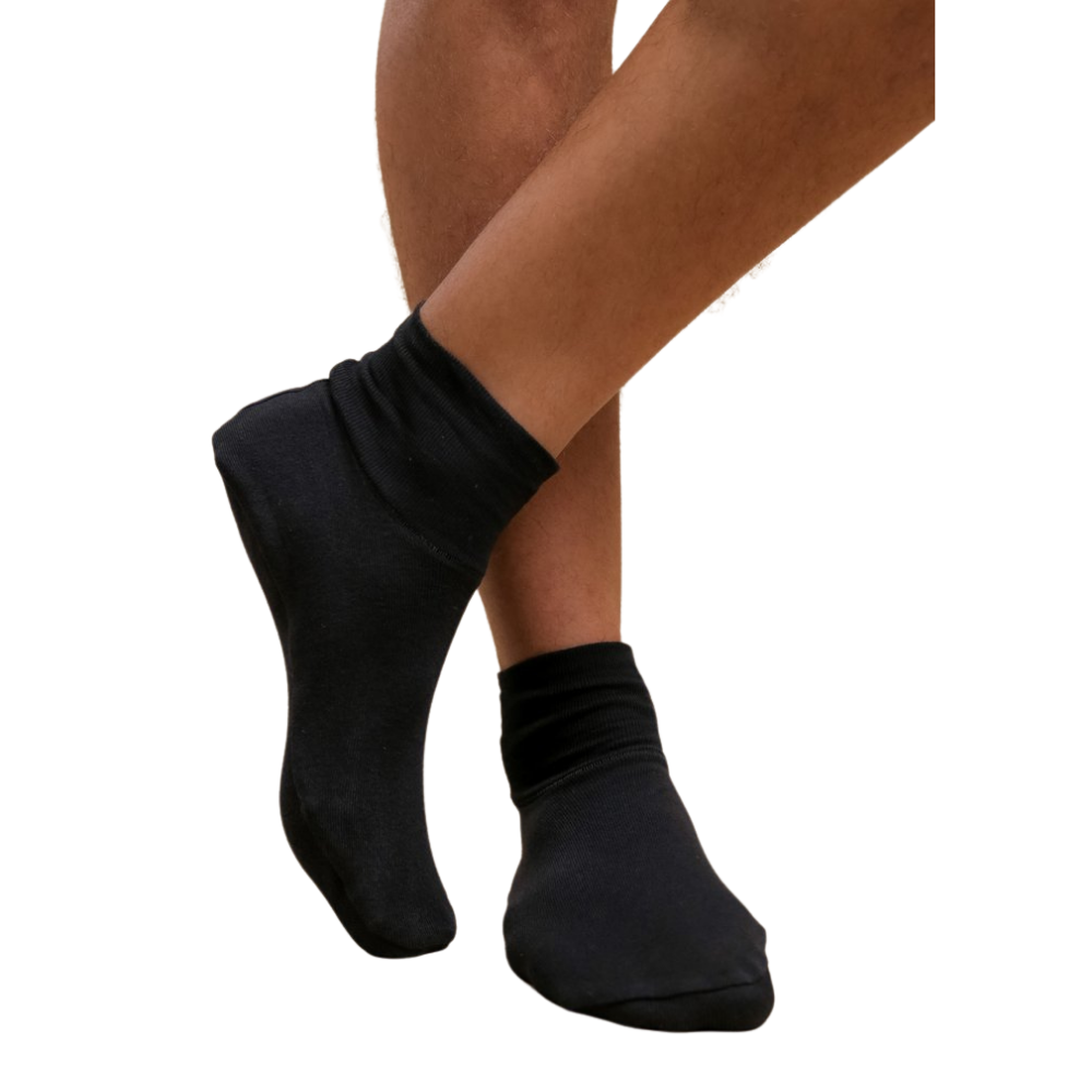Black bootie socks on feet.