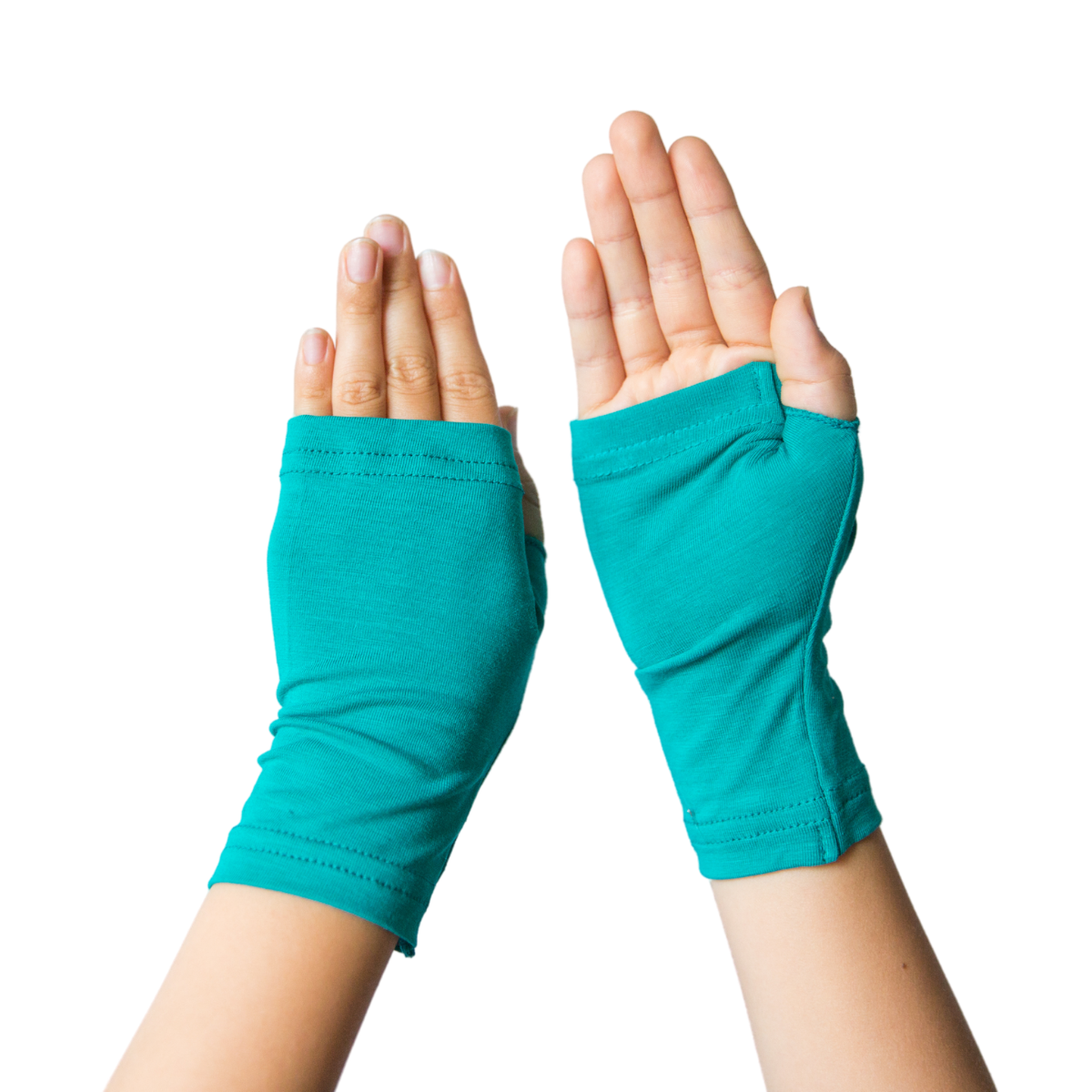 Two child hands wearing teal Remedywear fingerless gloves.