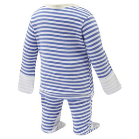 Scratchsleeves baby eczema pajamas in blue and white stripes. View from behind on a form, but not a model.