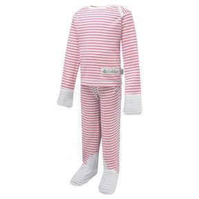 Scratchsleeves baby eczema pajamas in pink and white stripes. View from the front on a form, but not a model.