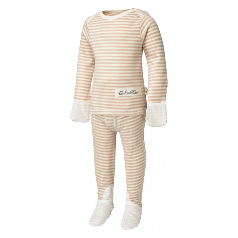 Scratchsleeves baby eczema pajamas in beige and white stripes. View from the front on a form, but not a model.