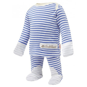 Scratchsleeves baby eczema pajamas in blue and white stripes. View from the front on a form, but not a model.
