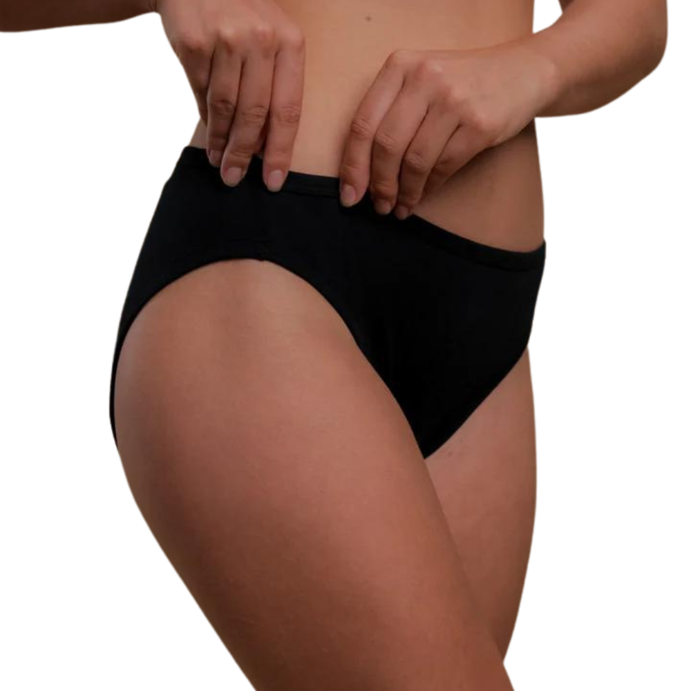 100% Organic cotton women's latex free panties in a high cut style in black on a model.
