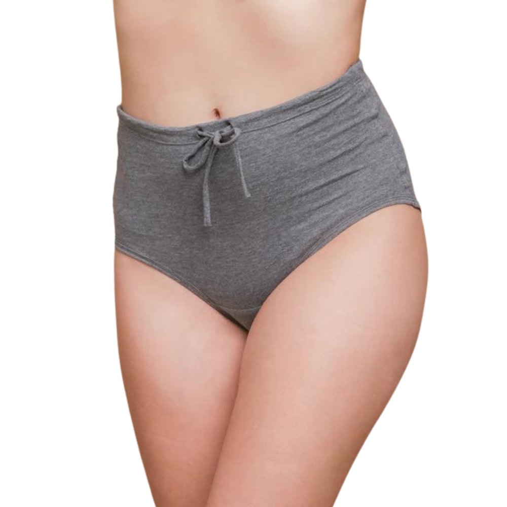 Drawstring elastic free panties in a high waisted style in grey on a model.