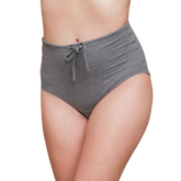 Drawstring elastic free panties in a high waisted style in grey on a model.