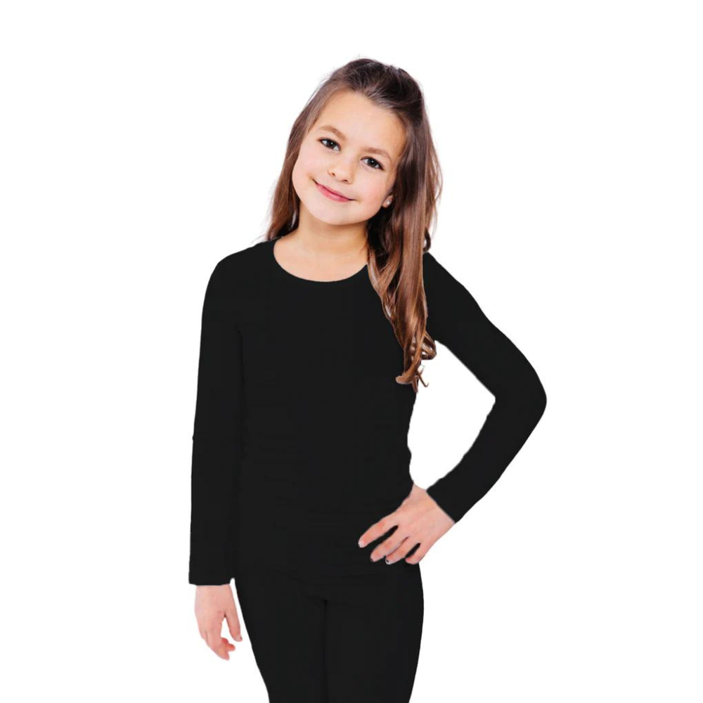 Girl with hand on hip wearing a black Remdywear long sleeve shirt for eczema.