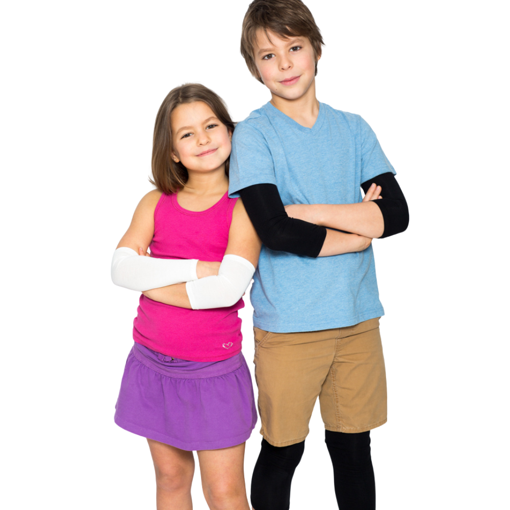 Two kids back to back and each wearing Remedywear bands on their arms.