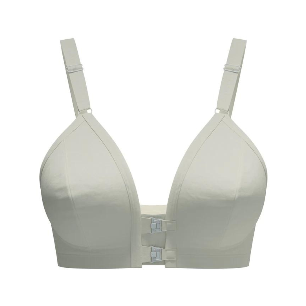 Front Closure Bra in white cotton, front view without a model