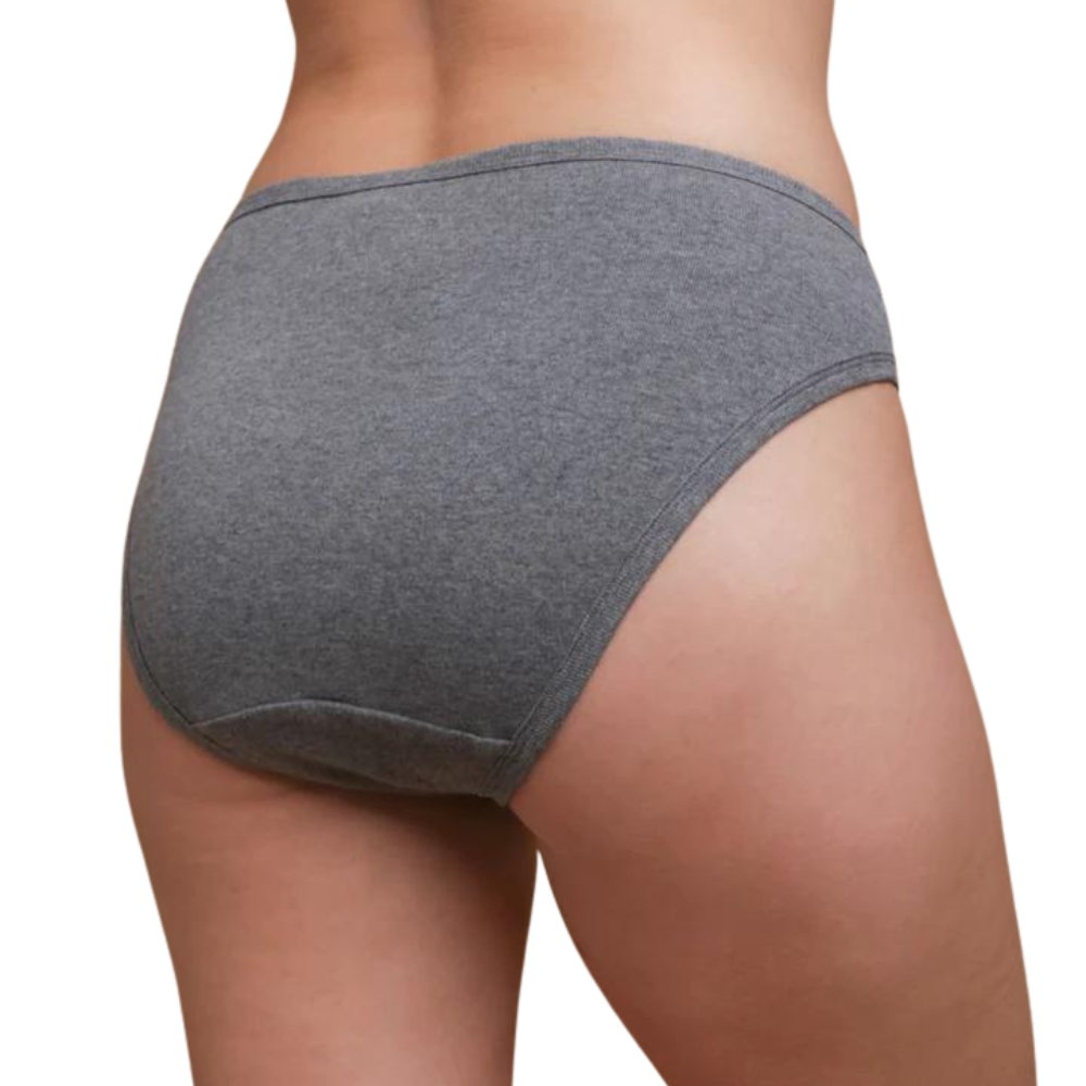 100% Organic cotton women's latex free panties in a high cut style in grey on a model. from behind.