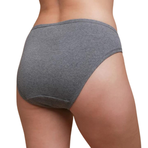 100% Organic cotton women's latex free panties in a high cut style in grey on a model. from behind.