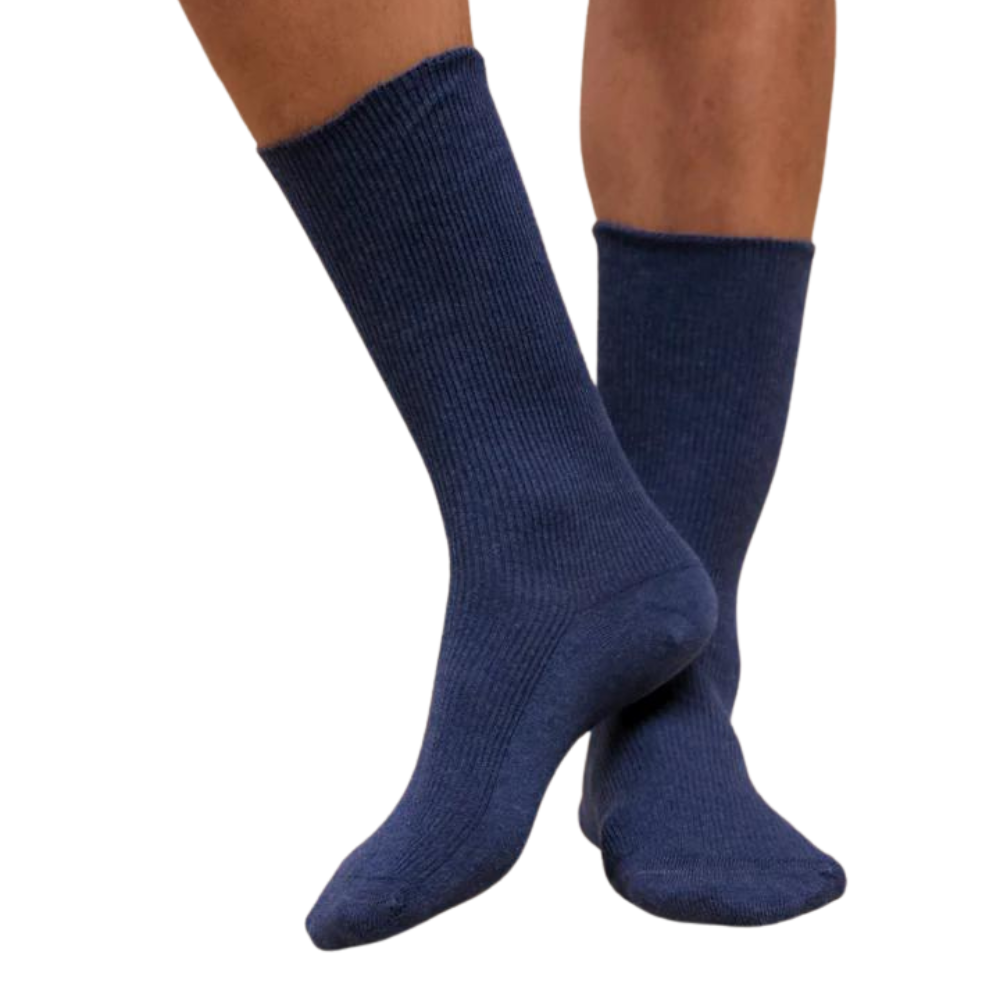 Lightweight navy blue socks on a male model with a white background.