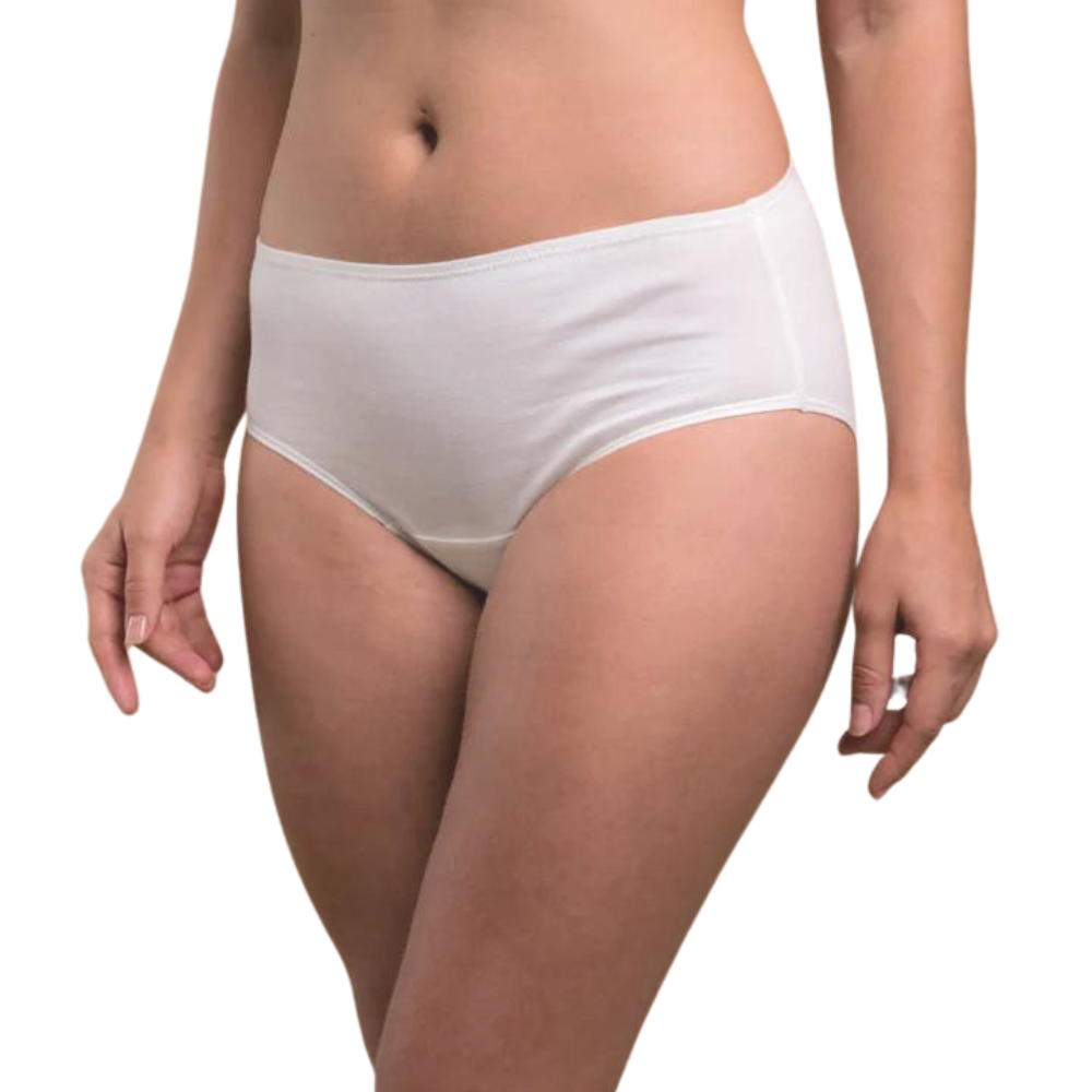 Organic cotton latex free panties in a waist brief style in white on a model.