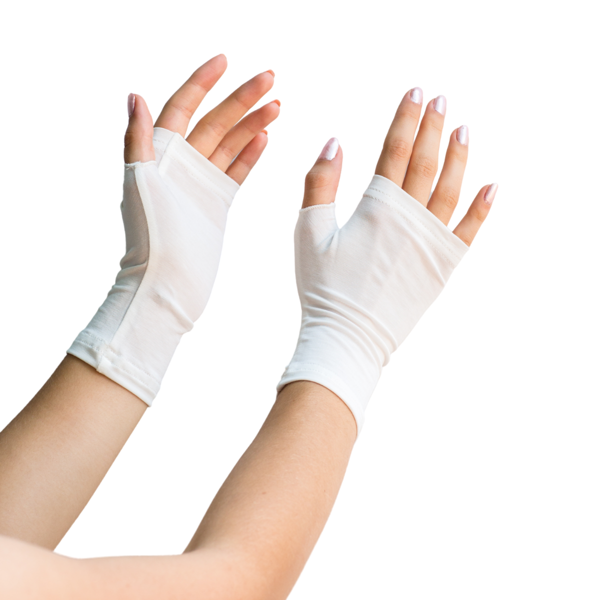 White fingerless gloves on a model's hands.