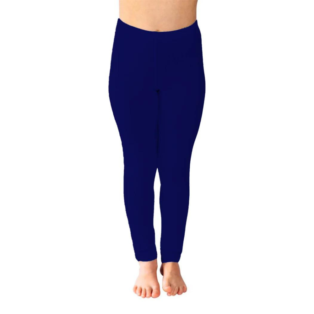 Navy blue Remedywear pants for kids on model with white background.
