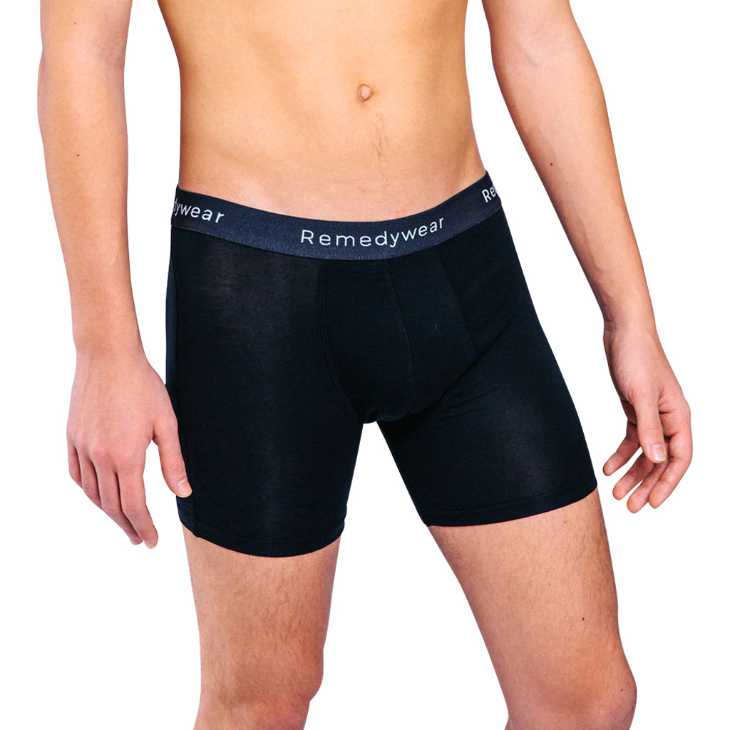 Front of model wearing Remedywear boxers for scrotal dermatitis treatment.