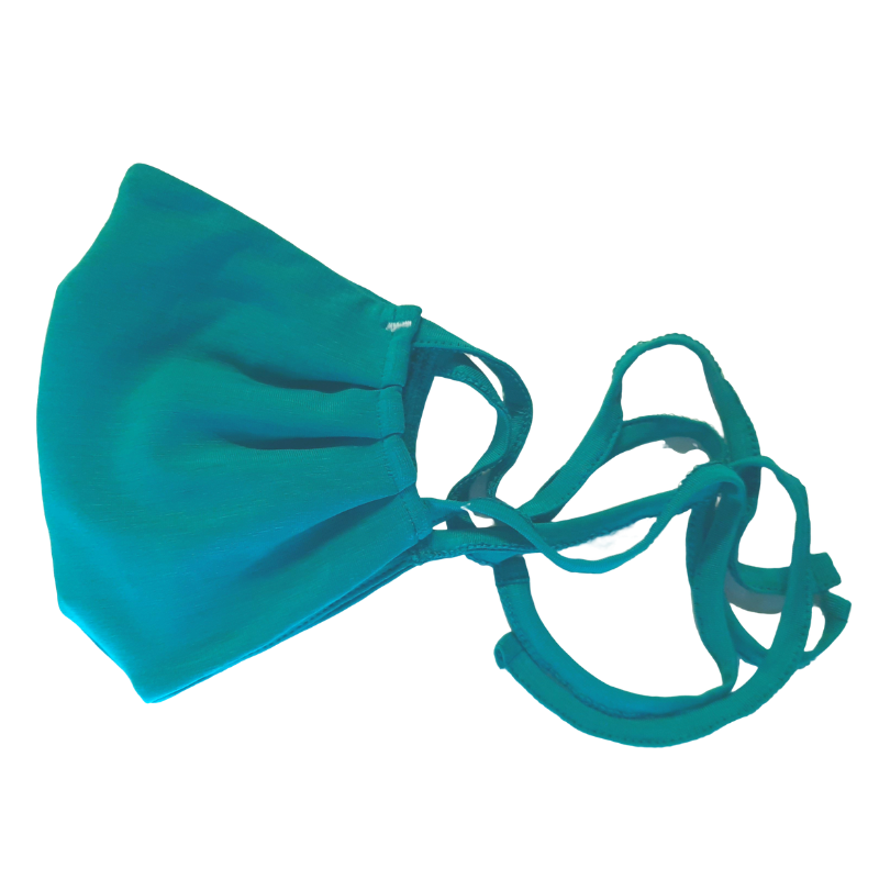 Teal face mask with a white background.