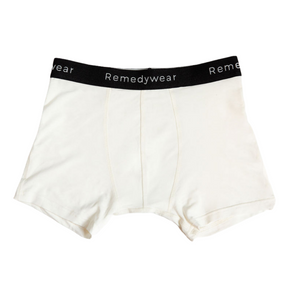 White Remedywear boxer without a model, laying flat.