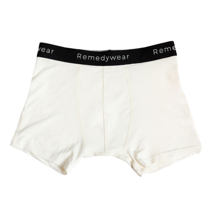 White Remedywear boxer without a model, laying flat.
